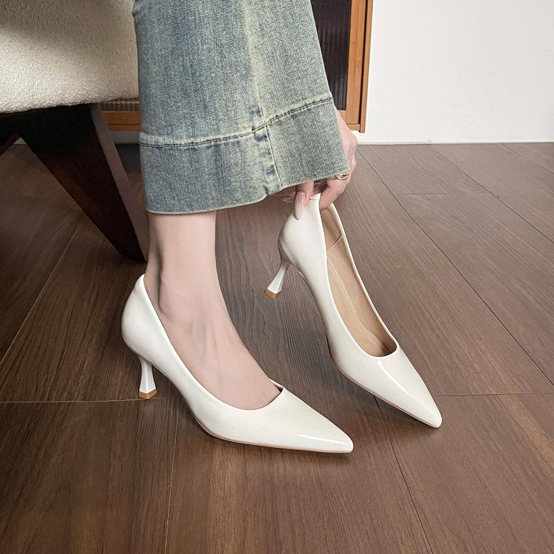 Sheepskin version~ nude high heels women's commuting cm single shoes pointed head light mouth thin heel leather soft sole work shoes
