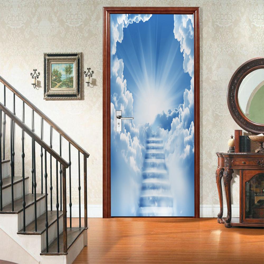3D Door Mural Sticker Peel and Stick Door Wallpaper Golden Buddha Castle Moon Mermaid Flower Home Decor Removable
