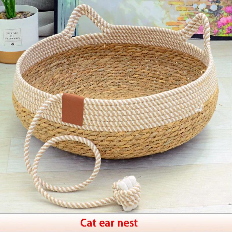 Woven Four Seasons Cat Bed Removable Upholstery Sleeping House Cat Scratch Floor Rattan Wear-resistant Washable Cat Pet Supplies