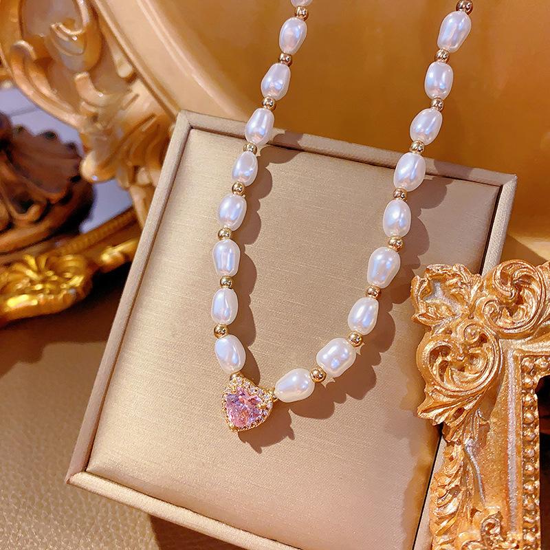 Pearl pink diamond zircon heart necklace - unique design, trending online, lightweight luxury clavicle chain