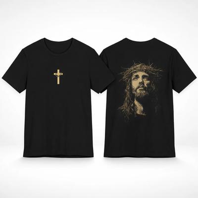 T-shirt Grafica Vintage Croce di Gesù Corona di Spine Camicia Nero Lavato S-5XL