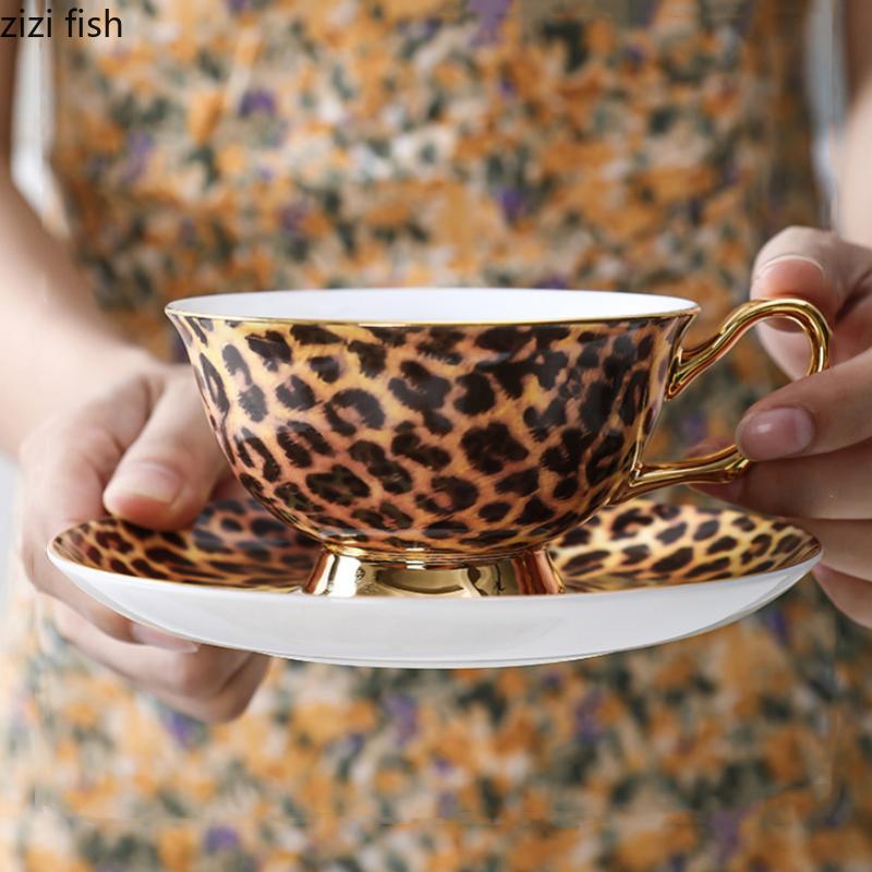 Retro keramický hrnek na kávu a podšálek se zvířecím potiskem Leopard Odpolední čajové šálky Snídaňový šálek Šálky na vodu Hrnky na mléko Šálky na mléčný čaj Šálek na čaj