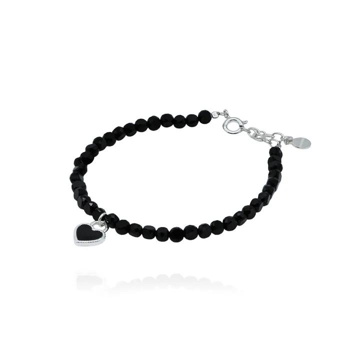 (925 Silver) Serenite Heart Black Bead Silver Bracelet