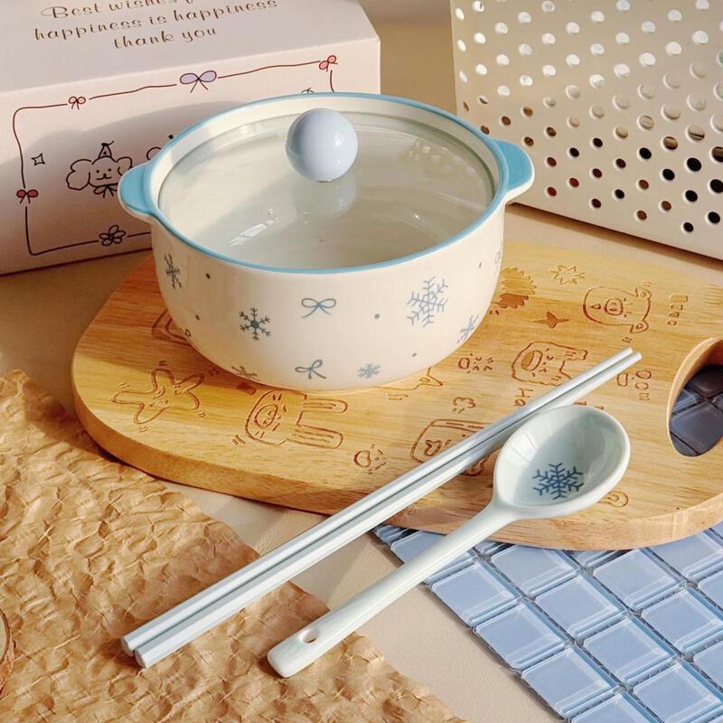Nordic Ceramic Instant Noodle Bowl Set with Lid & Utensils