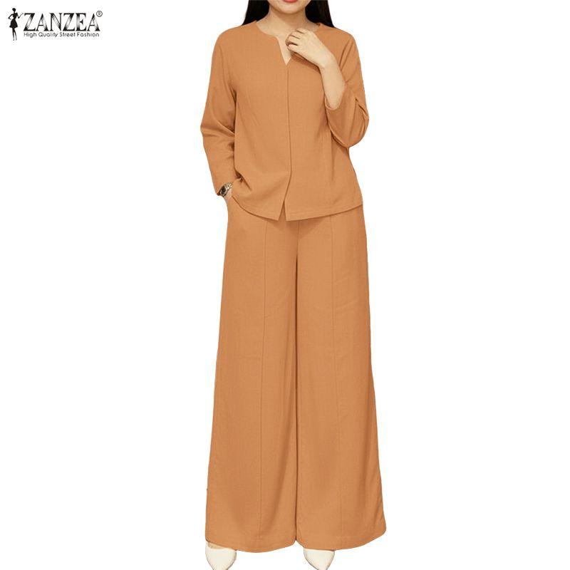 ZANZEA Women Casual Long Sleeve Blouse and Pants Two Piece Suit Sets