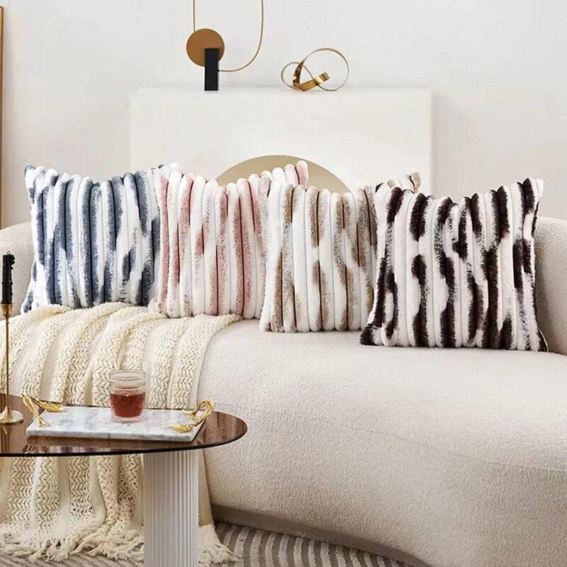 1pc Double-Sided Faux Fur Plush Cushion Cover for Sofa Fuzzy Striped Soft Throw Decorative Pillow Covers for Couch or Bedroom
