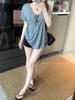 Women's Gray V-neck Short Sleeve Casual Loose Fit Summer T-shirt