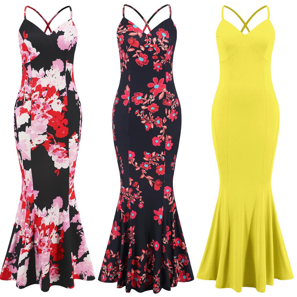 Women Floral Beach Vacation Bodycon Streetwear Maxi Dress Summer Clothes Fishtail Skirt