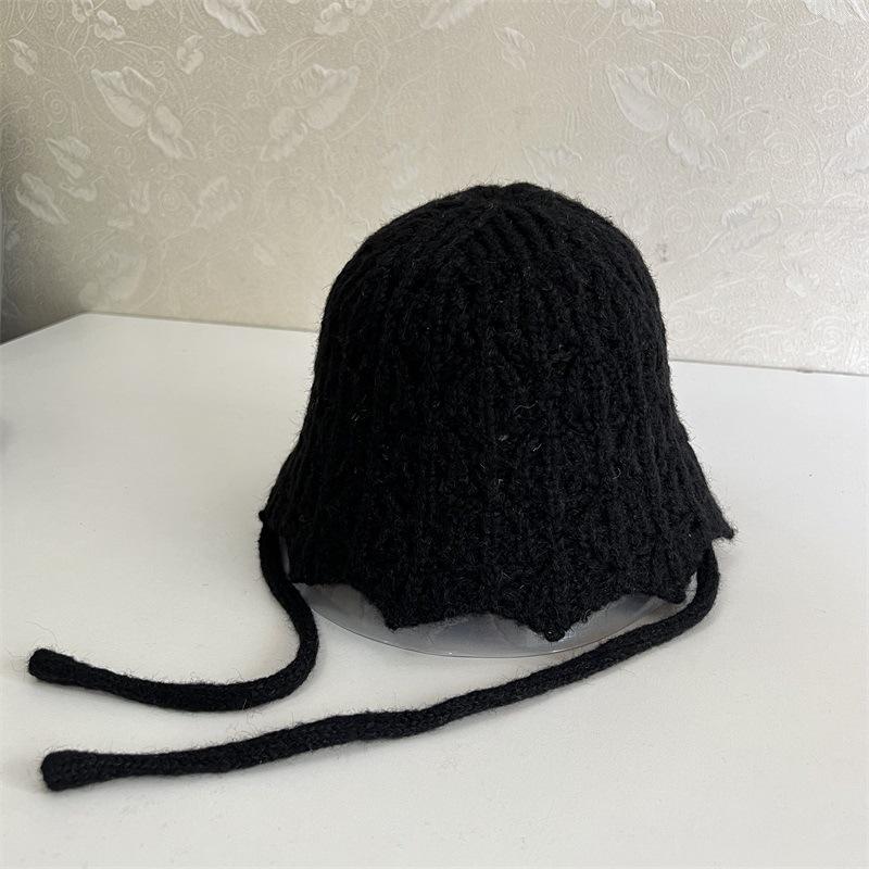 

Women s autumn and winter bucket basin hat new breathable hollow lace-up knitted fisherman hat M（56-58cm） чёрный