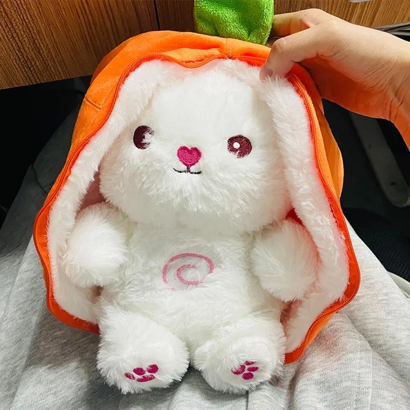 @Baby Music Strawberry Carrot Rabbit Plush Toys Stuffed Creative Into Bunny Transform 30cm Sleeping Light Doll Kid Birthday Gift