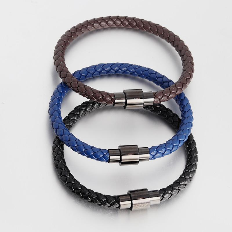 Sporty Style Geometric Stainless Steel Magnetic Clasps Genuine Leather Bracelet For Men Women Hand Jewelry Birthday Gift