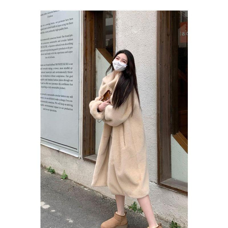 Mladý kabát z umělé norkové kožešiny Dámský nový zimní s podšívkou a bavlnou Zesílený dlouhý kabát