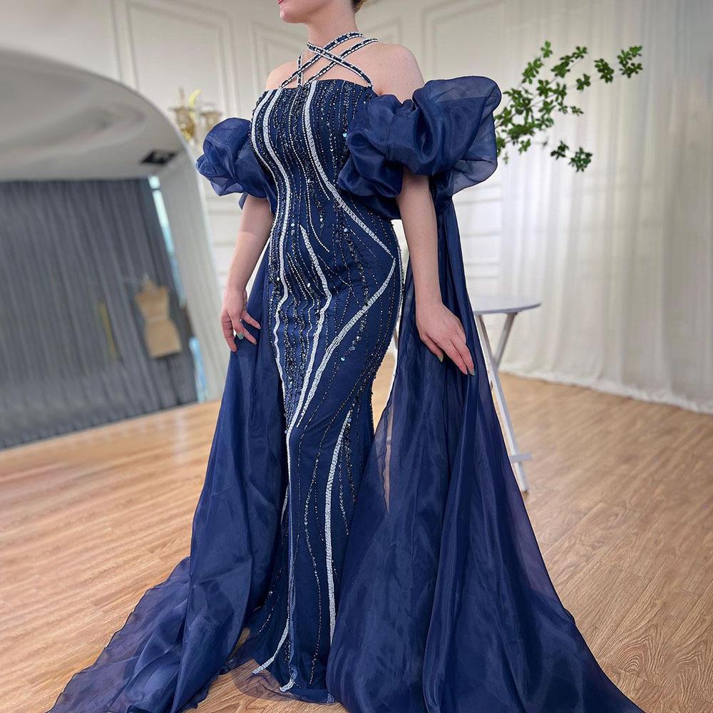 Dark blue bead bubble sleeve temperament fashion long dress annual meeting hosting banquet light luxury dress skirt women LA11011