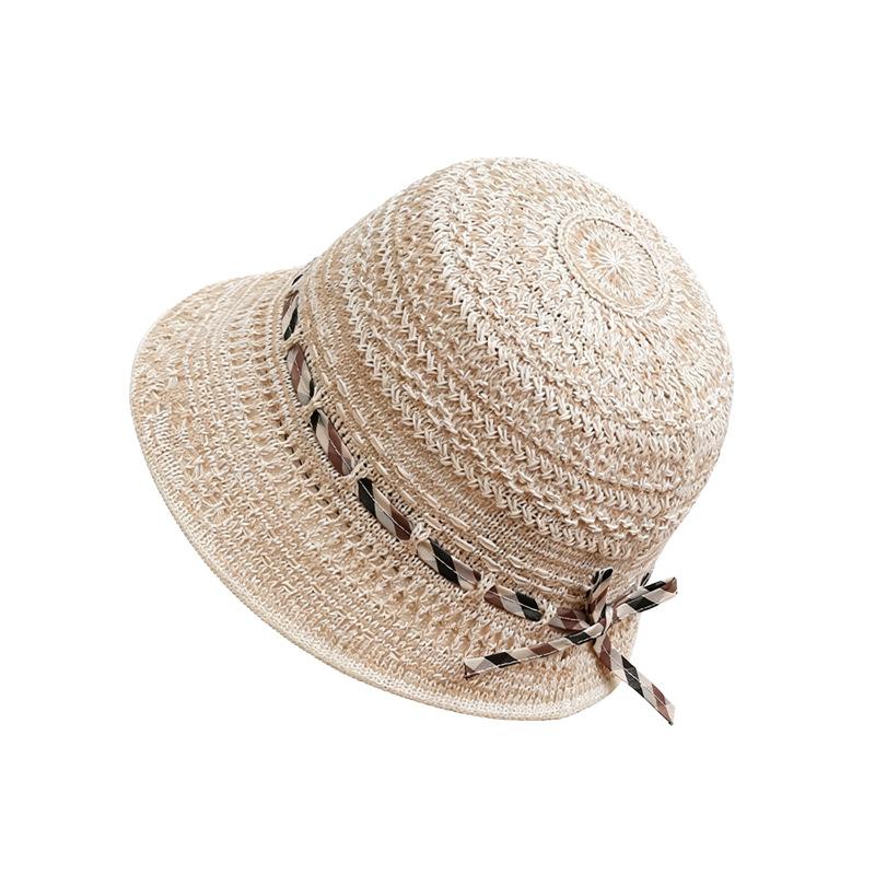 French elegant woven bucket hat women's spring and summer thin hollow breathable sunscreen visor showing face small holiday basin hat
