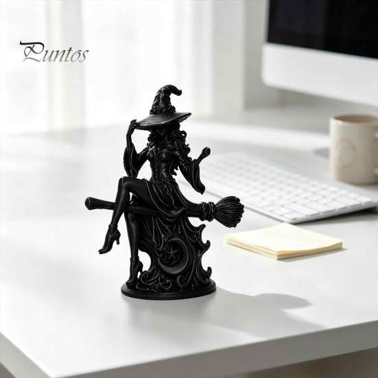 Matte Black Witch Statue Gothic On Broom Statue, 3D Printed Spooky Tabletop Figurine for Small Shelf Home Party, Halloween Desk Decor with Pointy Hat,