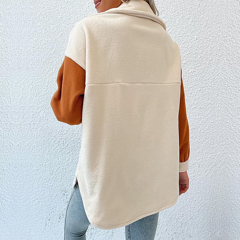 Women's Spliced Woolen Warm Polar Fleece Lapel Thickened Jacket