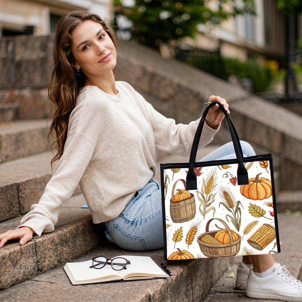 Autumn Pumpkin Corn Print Tote Bag Fashion Casual Large Capacity Handbag For Daily Outdoor Use
