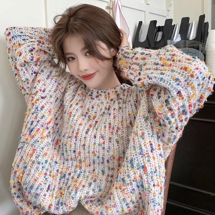 

Осень Зима Женский Нишевый Ретро Красочный Вязаный Свитер Свободный Ленивый Стиль Круглый Вырез Пуловер Верхняя Одежда Нижнее Белье XL