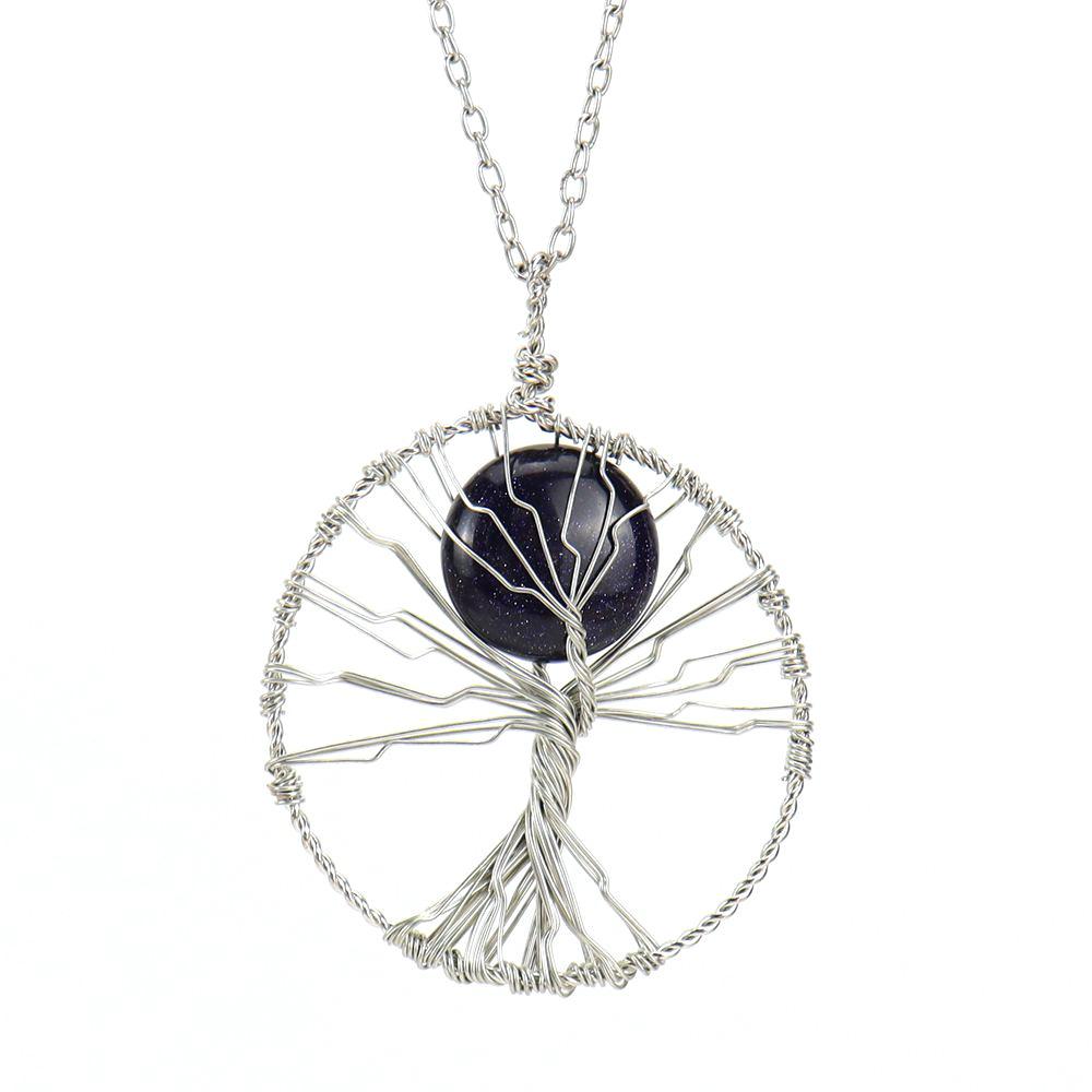 Hand-Wrapped Natural Crystal Agate Disc Tree Of Life Pendant Necklace N116