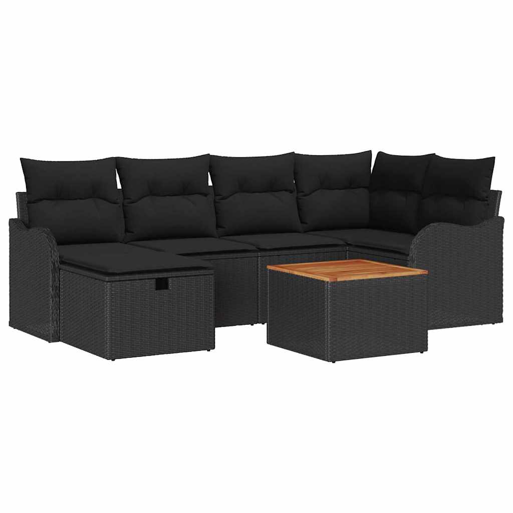 7 Piece Garden Sofa Set with Cushions Black Poly Rattan