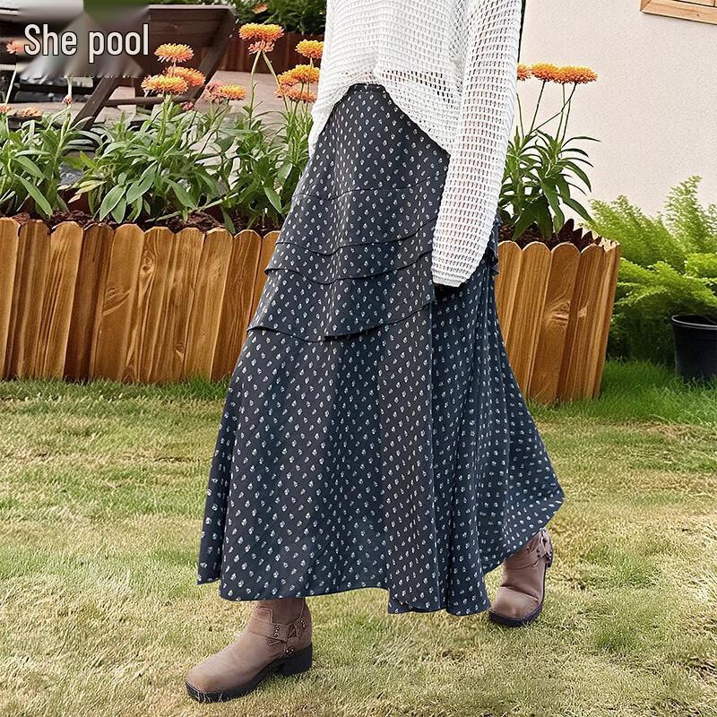 Women s Elastic Waist Ruffle Hem A-Line Midi Skirt M