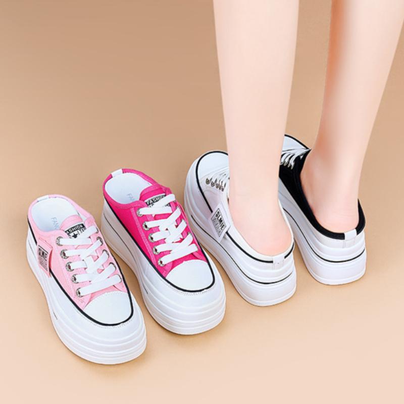 Thick-soled White Shoes for Women Summer Breathable Mesh Shoes Half Slippers All-match Sports Casual Platform Shoes