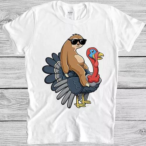 

Cute Sloth Riding Turkey Thanksgiving Meme Gift Top Cult Funny Tee T Shirt 7077 XL
