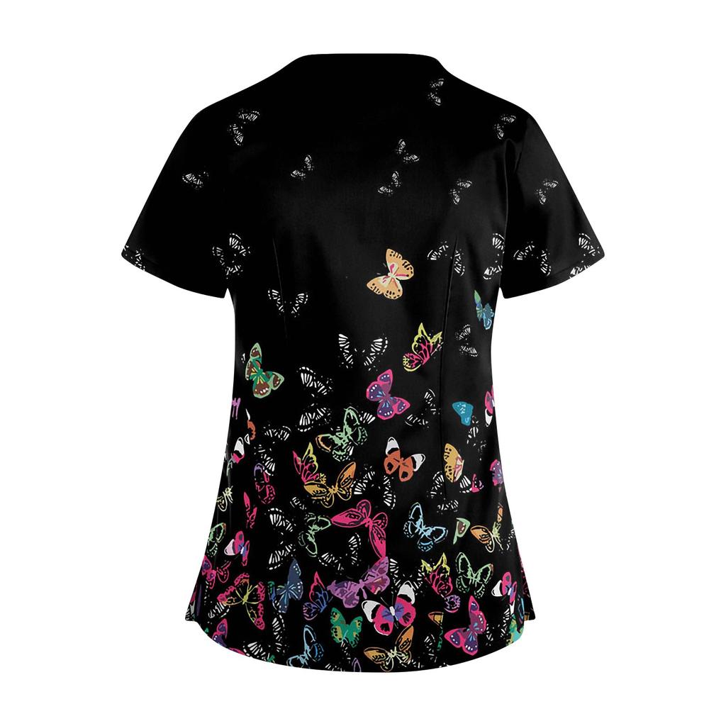 Plus SizePrinted Scrub Working Uniform Tops para mulheres Cross V-neck Halloween Print manga curta camisetas divertidas Workwear Tee com bolsos