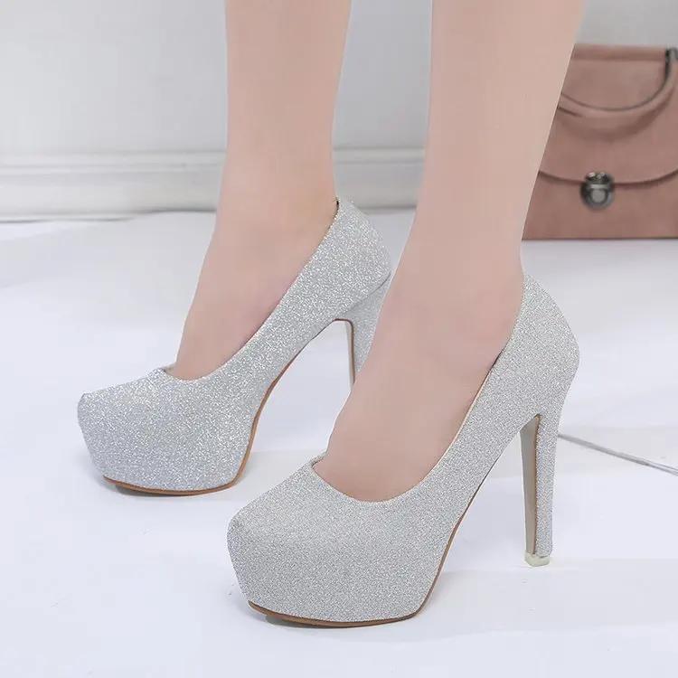 

Single shoes female new round head stiletto waterproof platform low to help single shoes women high heel work shoes 34 серебряный