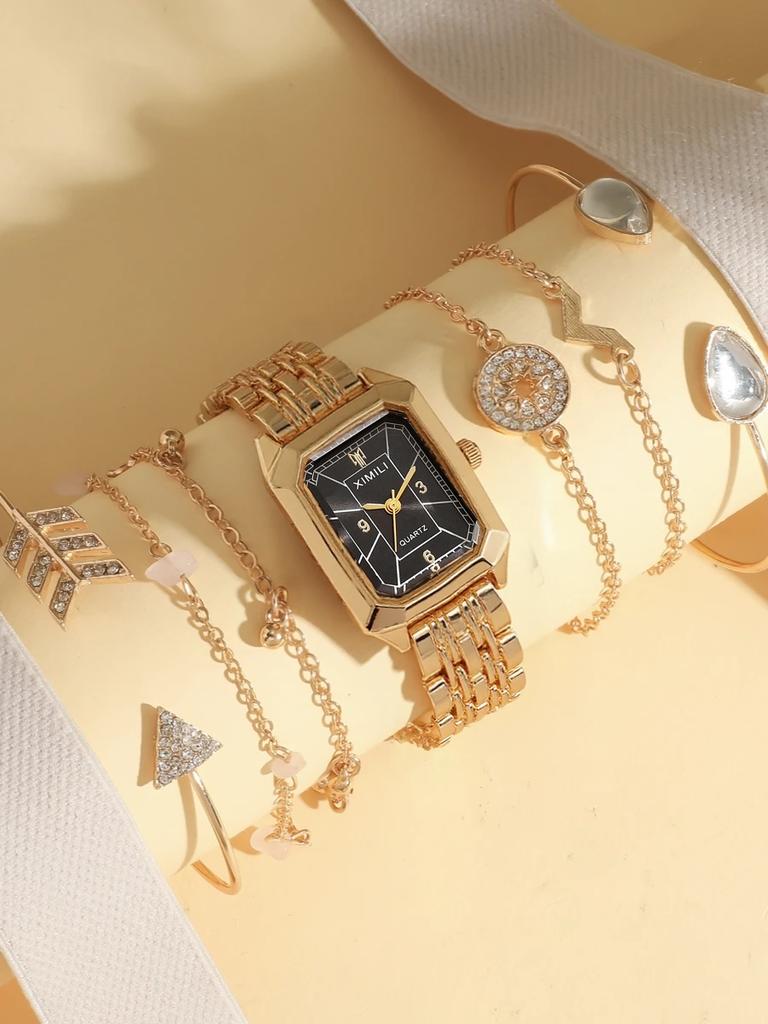 Fashion simple trend steel square quartz wristwatch bracelet with 7 pieces, suitable for Christmas, Thanksgiving gift