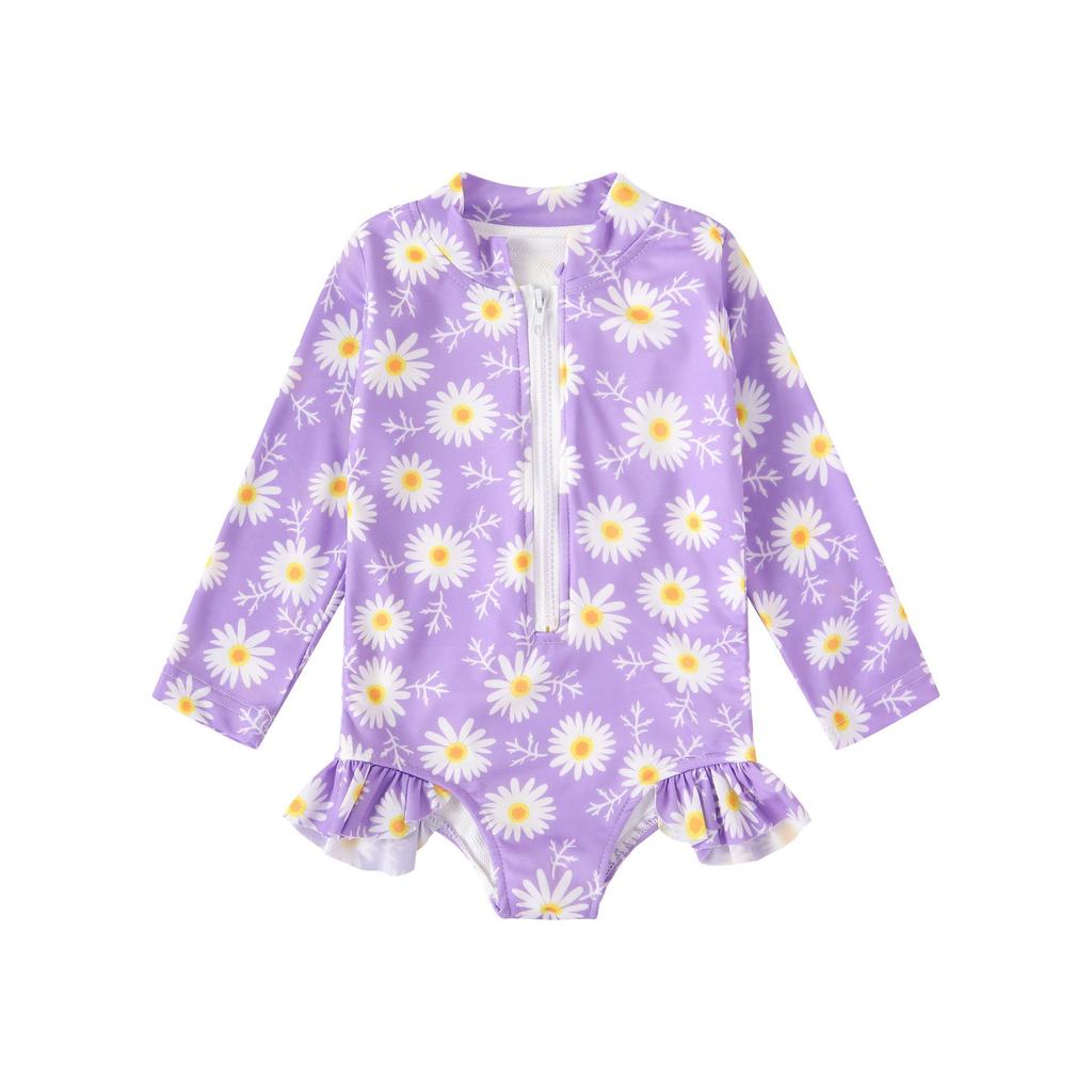 Kids Baby Girl Swimsuits Summer 2024 Floral Long Sleeve Zipper Ruffles Jumpsuit Swimwear Beachwear Bathing Suits