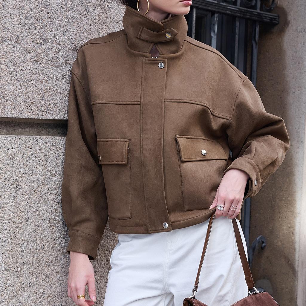 Autumn new European and American fashion big pocket suede texture jacket jacket suede jacket
