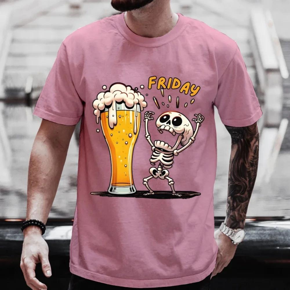 Casual Oneck Short Sleeve Tops Summer Hot Sale Beer TShirts Funny 2D Skull Print T Shirt for Men Fashion New Oversized Tshirt