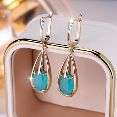 1 Paire Boucles d'Oreilles Pendantes Longues Turquoise Vif Zircon pour Femmes Couleur Or Vintage Bijoux Fins Luxe Boucles d'Oreilles de Fête