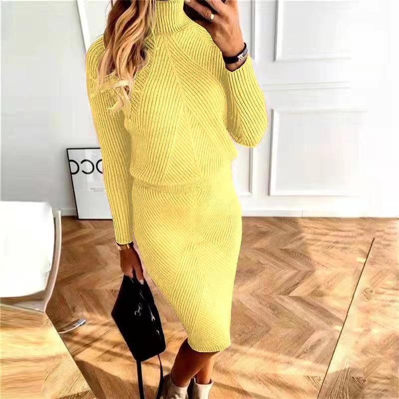 2026 Women's Autumn/Winter Knit High Neck Sweater and Skirt Set - European/American Style