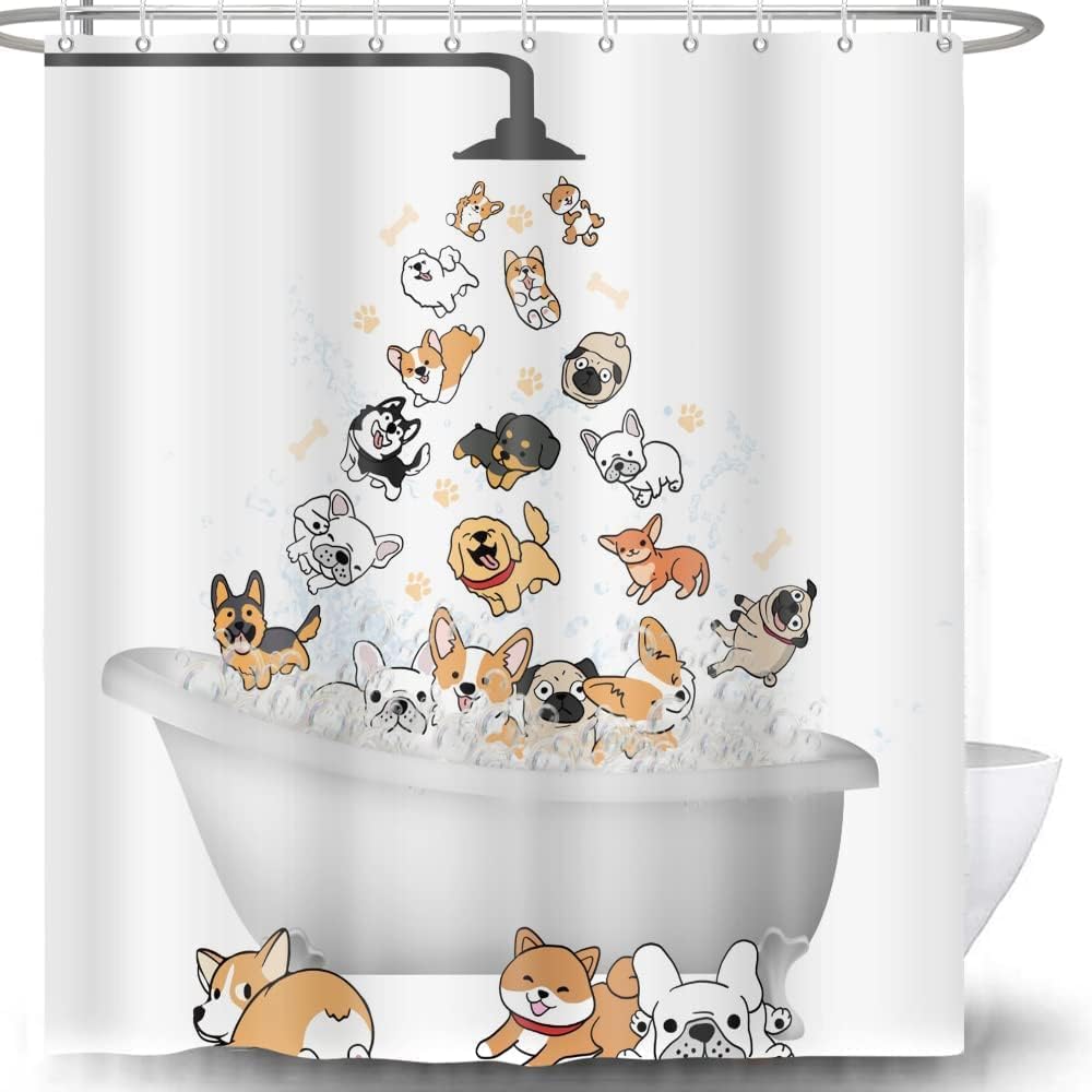 Cute Raining Dogs Shower Curtain,Funny Dog Cartoon Corgi Kids Shower Curtains Hilarious Cute Animal Pets Playing Water Design