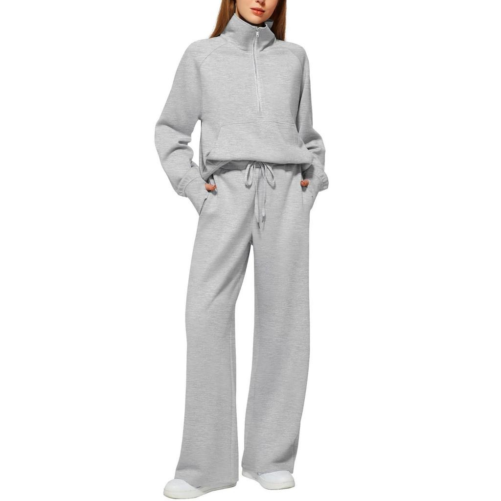 2025Women Coat Pants Set Stand Collar Long Sleeve Zip-up Elastic Cuff Jacket Drawstring Stretchy High Waist Wide Leg Trousers Sport Tracksuit