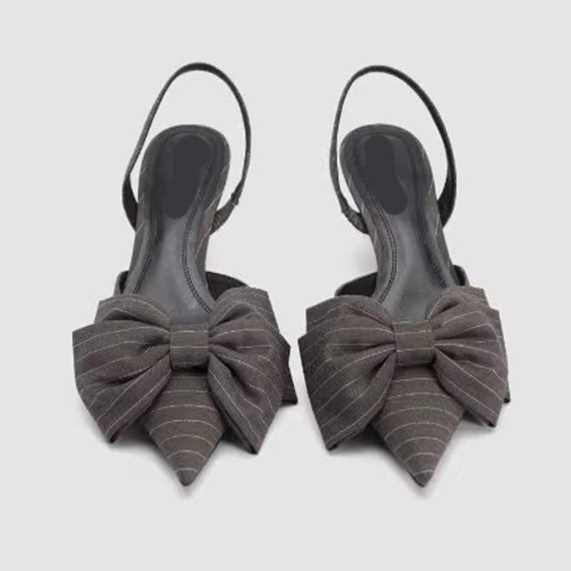 Striped Bow Pointy Toe Back Empty Sandals for Women with Slim Heels