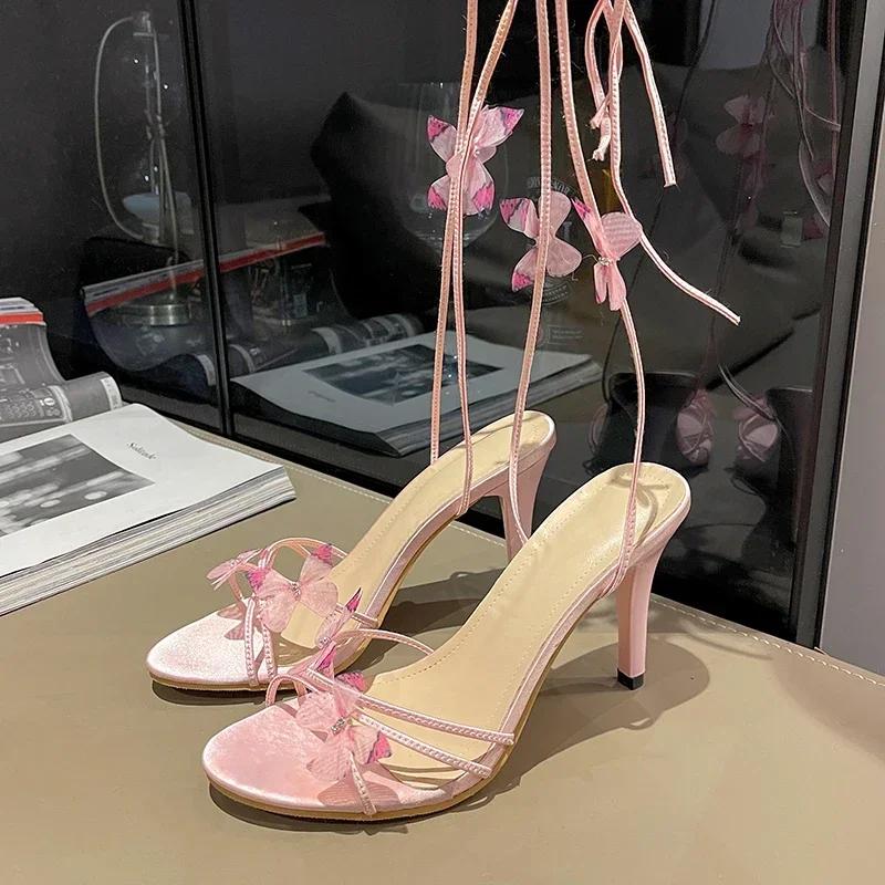 Pink Heel Sandals Woman 2024 Butterfly Decoration Zapatos De Mujer High Heels for Womens Shoes Round Toe Sandal Dresses Slides