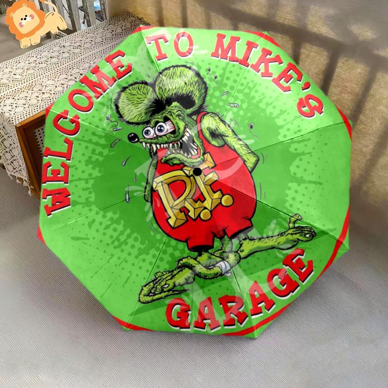 1pc Rat Fink pattern Umbrella Portable Folding Umbrella Iron Frame Hole Bone Structure Outdoor Home Umbrella