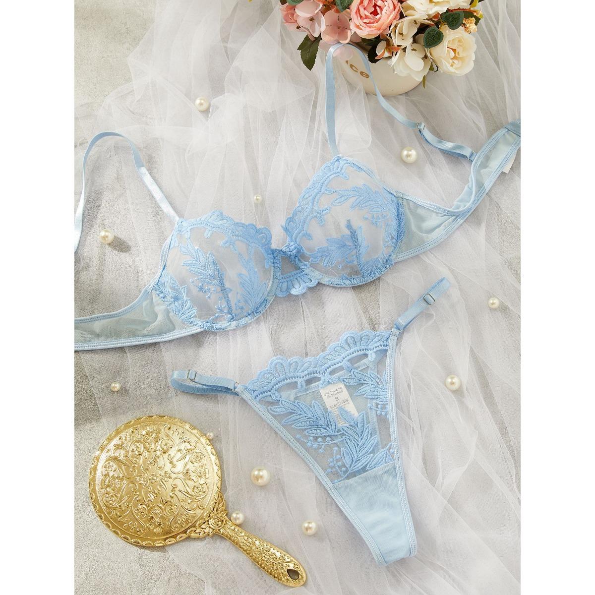 

Новый многоцветный сексуальный вышитый перспективный сетчатый кружевной сборный эротический костюм нижнего белья для женщин M небесно-голубой