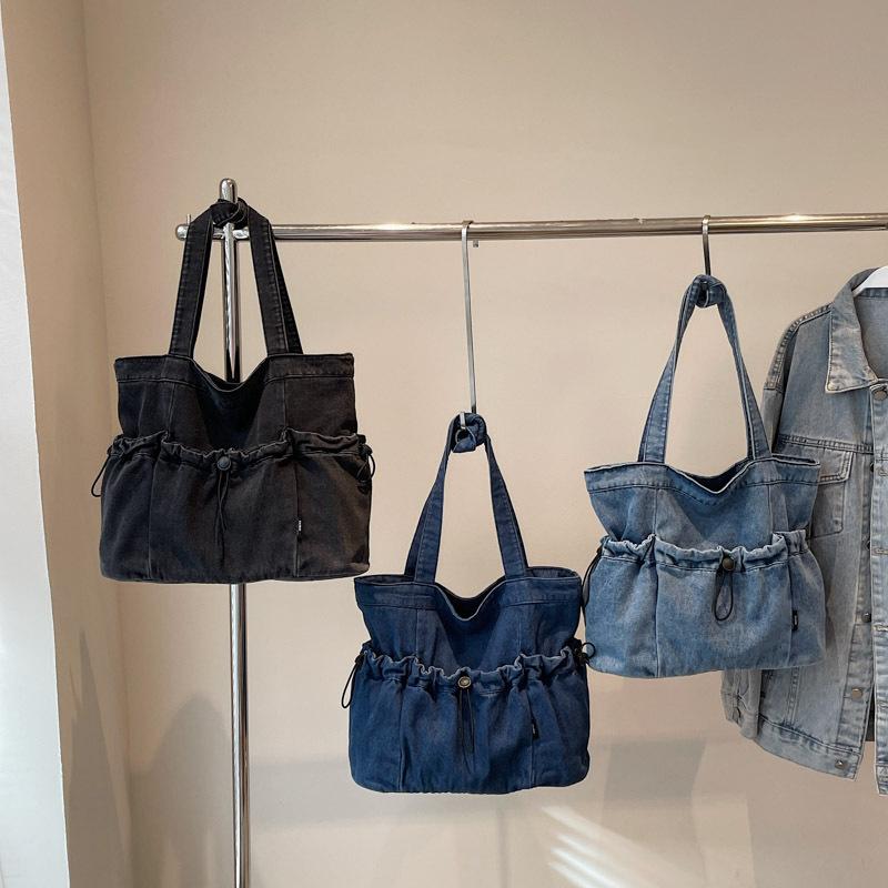 Korean version of simple large-capacity denim bag women's casual solid color literary shoulder bag college student class tote bag
