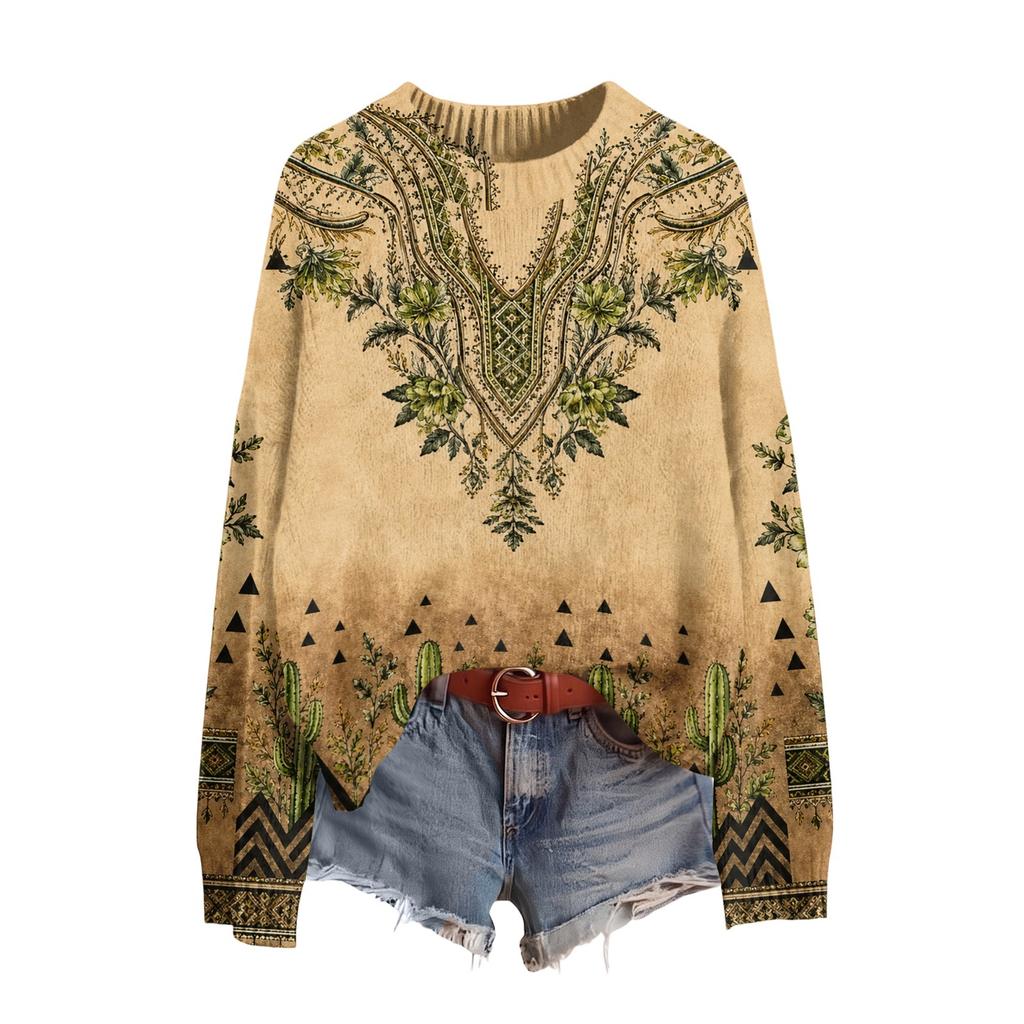 Women's Long Sleeve Crewneck Sweater, Soft Printed Pullover for Fall Winter