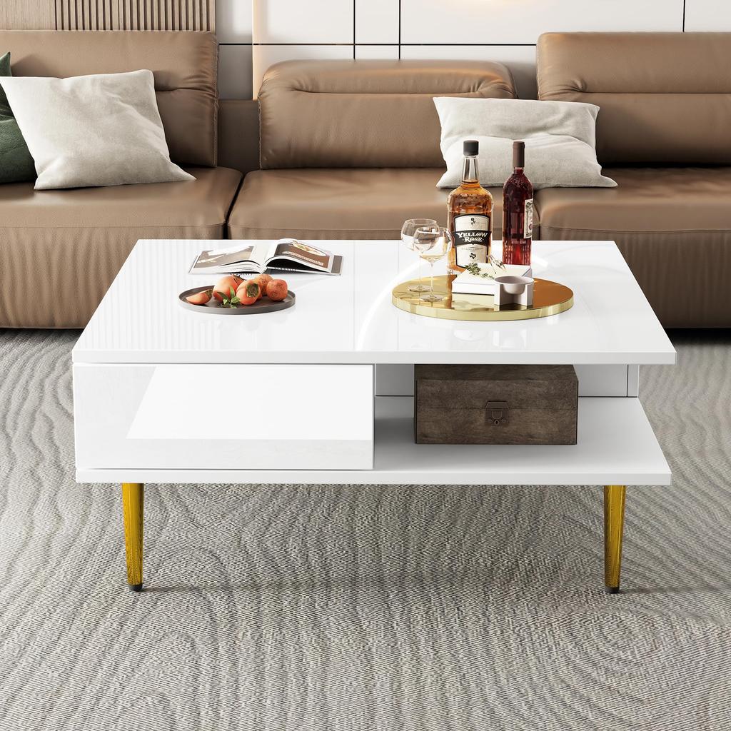 Couchtisch Weiß Hochglanz, Moderner 2 Schubladen, 2 offenen Fächern, Quadrat Kaffeetisch Sofatisch Wohnzimmer, Homeoffice, Griffsloses Design