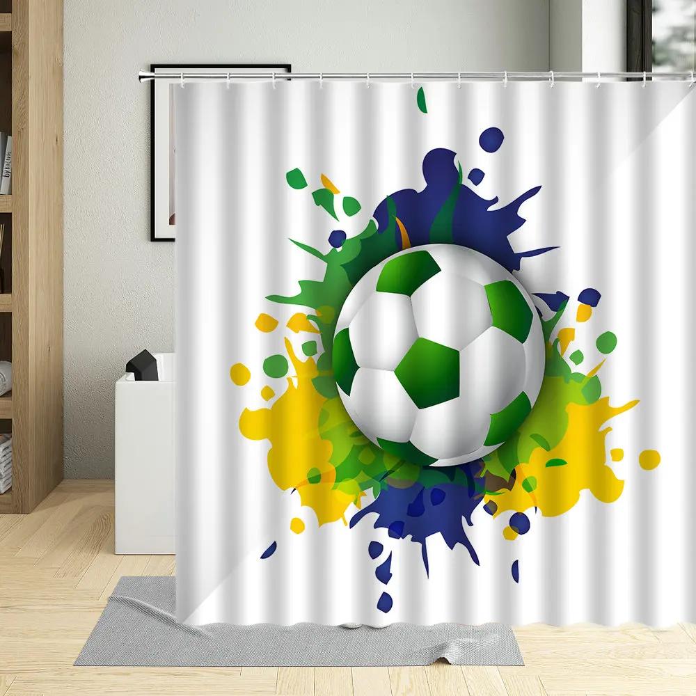 Football Sports Design Shower Curtain, Polyester Fabric, Waterproof, Boys Home Decor, Screens with Hooks, Cartoons Bathroom