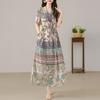 Women's Boho Print Maxi Dress, Tie Waist Short Sleeve Casual Summer Dress (XL-5XL)