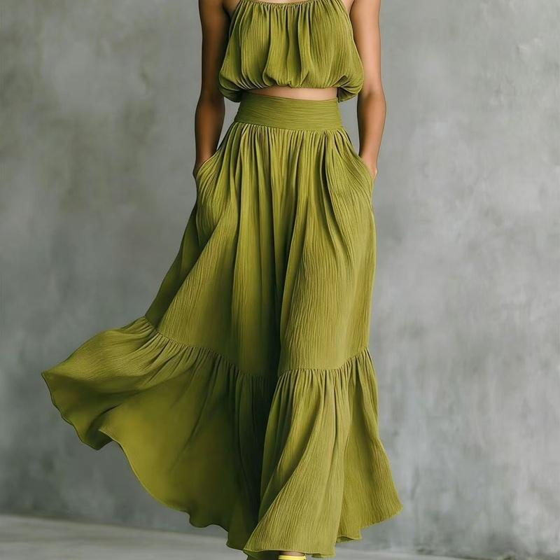 Women's Camisole Top and Pleated Maxi Skirt Two Piece Set High Waist Summer Vacation Outfit