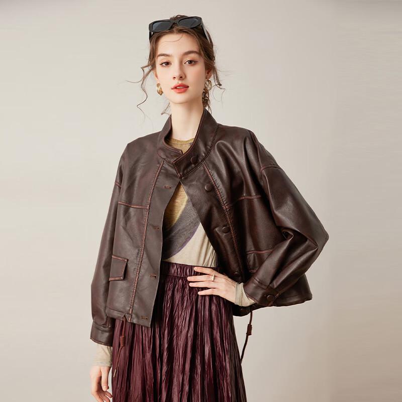 Bailuyu Women's Loose Faux Leather Drawstring Hem Jacket