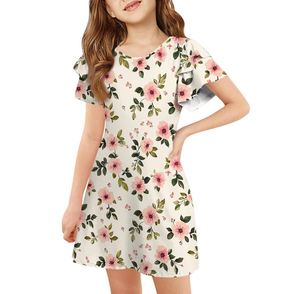 Girls' Ruffle Sleeve Dress - Round Neck Printed Sundress