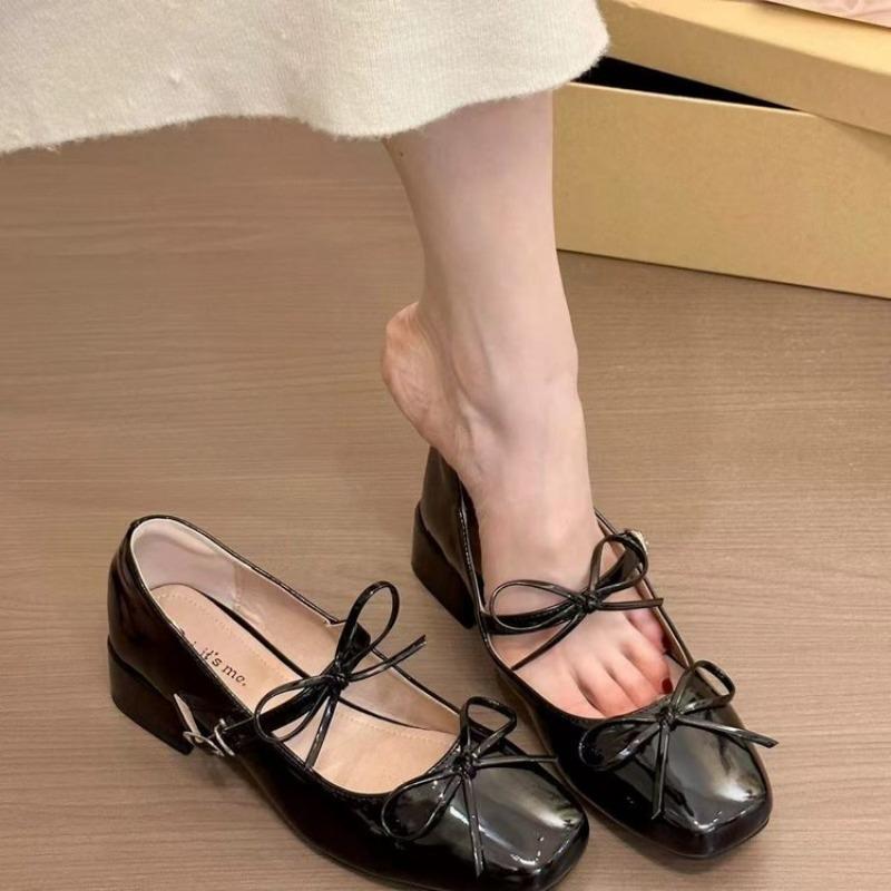 Square Head Bow Mary Jane Shoes New College Style Thick Heel Small Leather Shoes with Skirt Fashion Shoes
